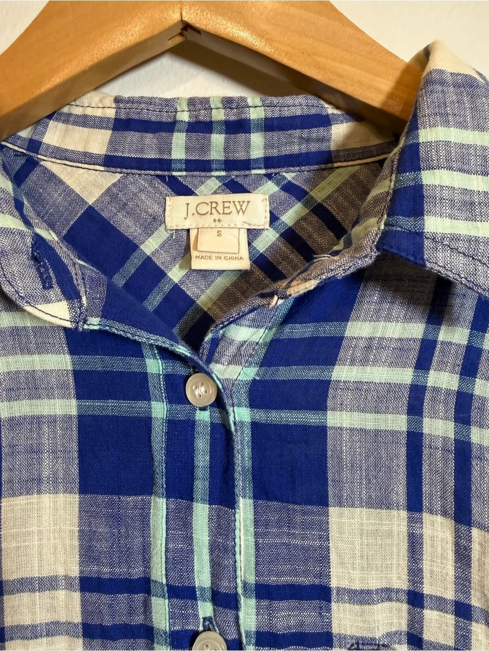 Blue Cream Plaid Cotton Popover Shirt Partial Button Placket Preppy Coastal Sz S